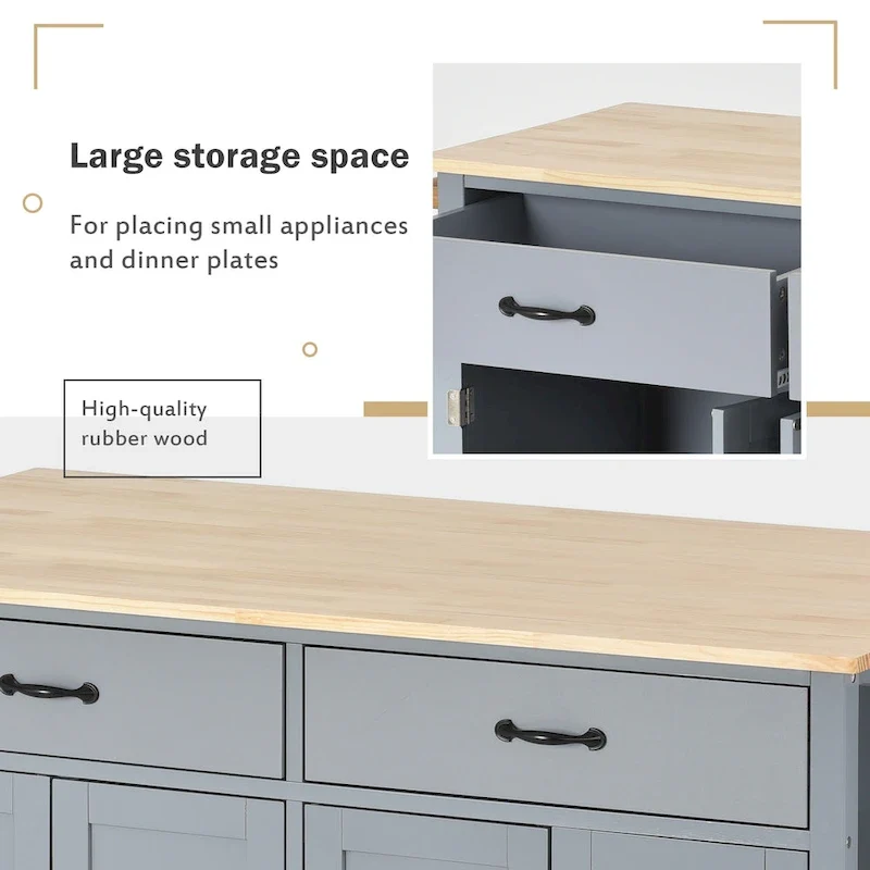 Kitchen Island Cart with 4 Door Cabinet and Two Drawers and 2 Locking Wheels - Solid Wood Top