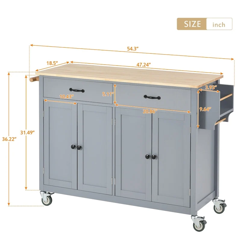 Kitchen Island Cart with 4 Door Cabinet and Two Drawers and 2 Locking Wheels - Solid Wood Top