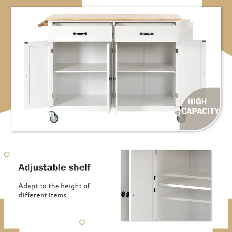 Kitchen Island Cart with 4 Door Cabinet and Two Drawers and 2 Locking Wheels - Solid Wood Top