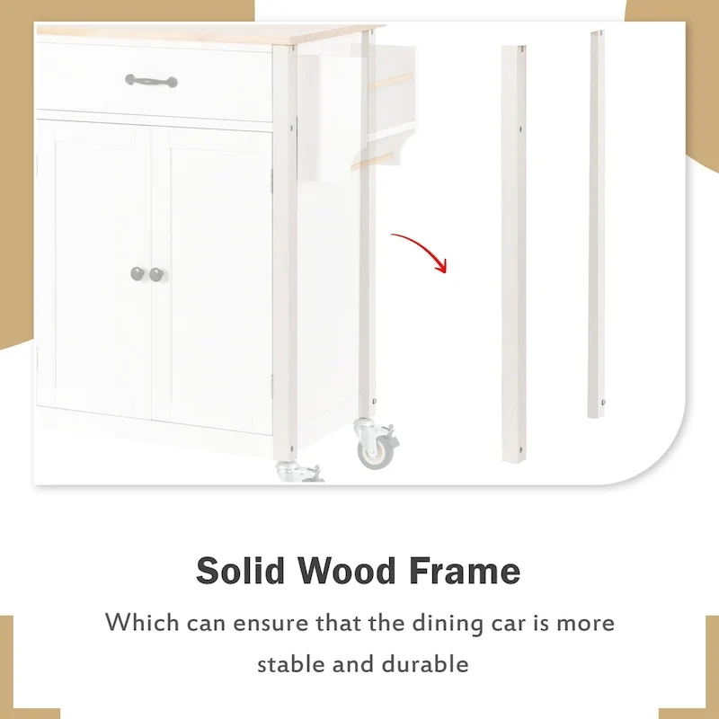 Kitchen Island Cart with 4 Door Cabinet and Two Drawers and 2 Locking Wheels - Solid Wood Top