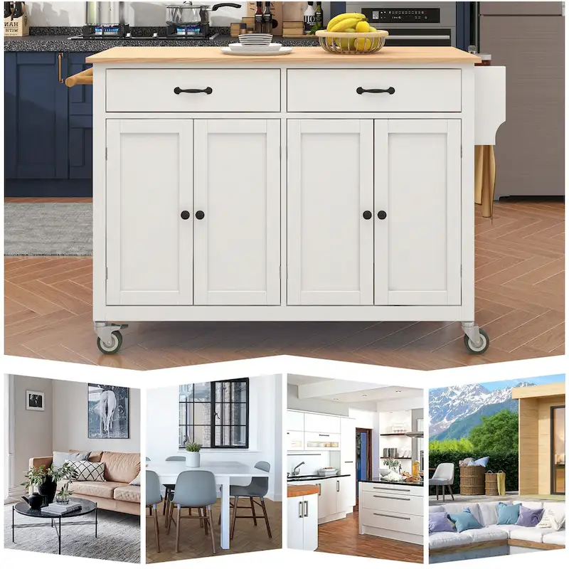 Kitchen Island Cart with 4 Door Cabinet and Two Drawers and 2 Locking Wheels - Solid Wood Top