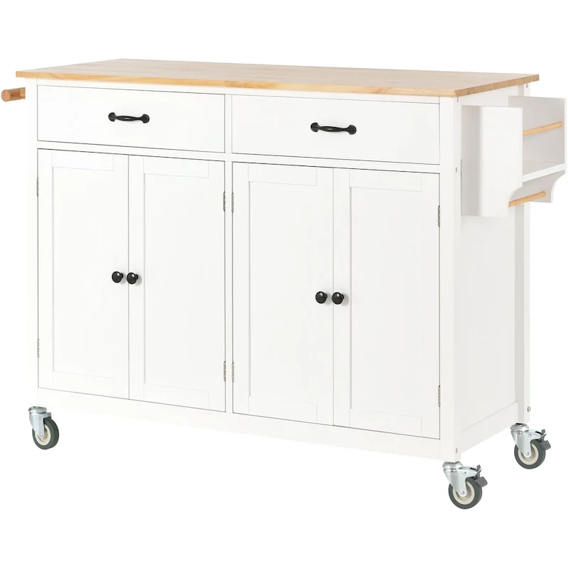 Kitchen Island Cart with 4 Door Cabinet and Two Drawers and 2 Locking Wheels - Solid Wood Top