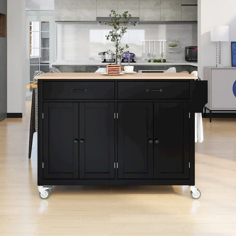 Kitchen Island Cart with 4 Door Cabinet and Two Drawers and 2 Locking Wheels - Solid Wood Top