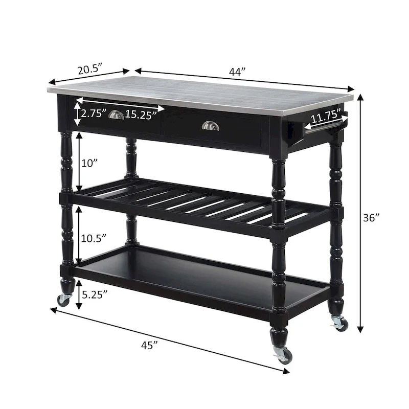 Convenience Concepts French Country 3 Tier Stainless Steel Kitchen Cart with Drawers
