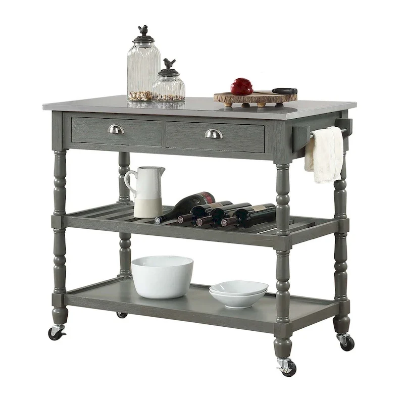 Convenience Concepts French Country 3 Tier Stainless Steel Kitchen Cart with Drawers