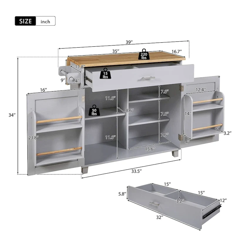 39W Kitchen Island with Storage and Rubber Wood Top - N/A