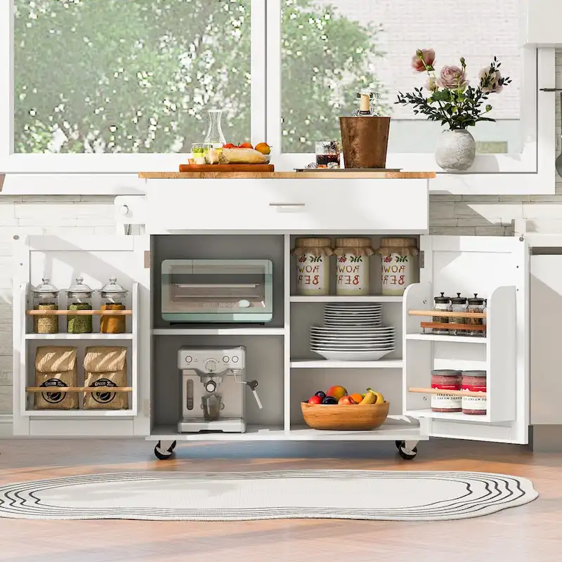 39W Kitchen Island with Storage and Rubber Wood Top - N/A