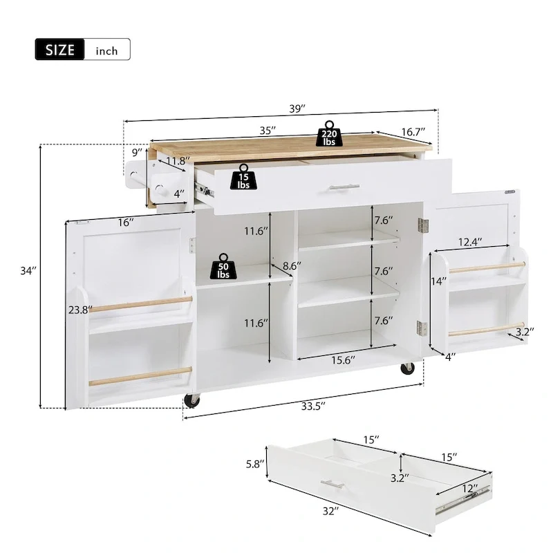 39W Kitchen Island with Storage and Rubber Wood Top - N/A
