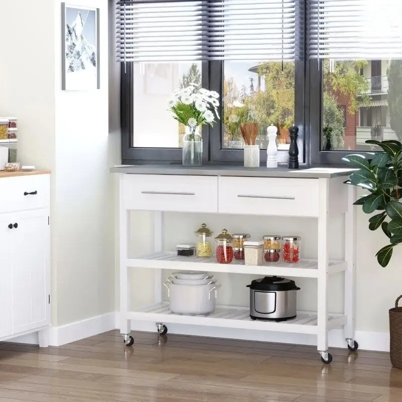 White Rolling Kitchen Island 2 Drawers Storage with Stainless Steel Top - 47.25L x 19.75W x 36 H