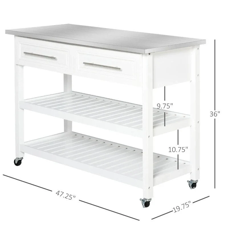 White Rolling Kitchen Island 2 Drawers Storage with Stainless Steel Top - 47.25L x 19.75W x 36 H