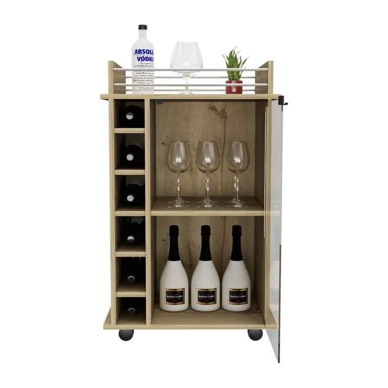 Bar Cart Baltimore, Two Tier Cabinet With Glass Door, Six Wine Cubbies, Light Oak Finish for Kitchen, Party and Living Room