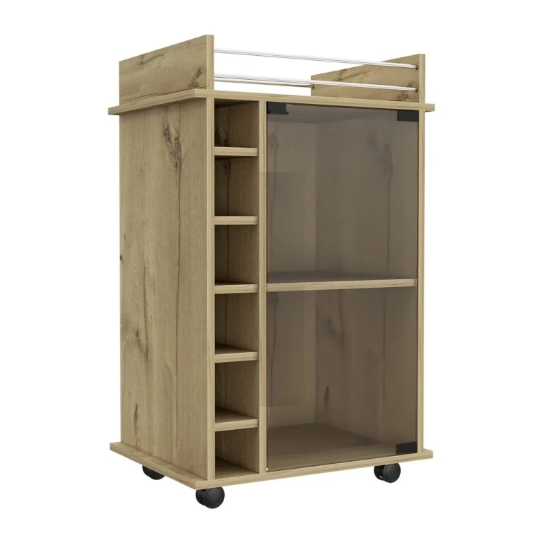 Bar Cart Baltimore, Two Tier Cabinet With Glass Door, Six Wine Cubbies, Light Oak Finish for Kitchen, Party and Living Room