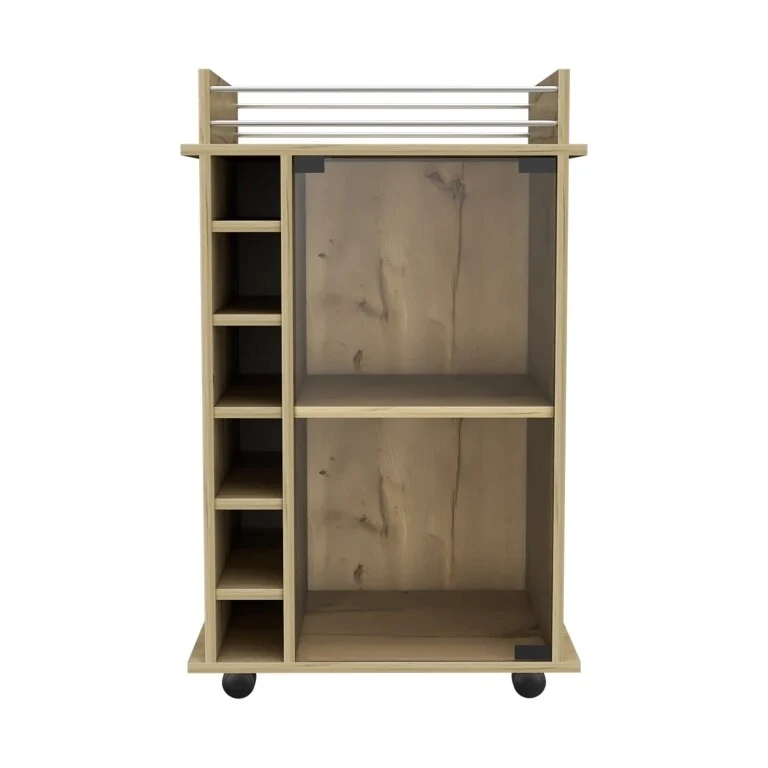 Bar Cart Baltimore, Two Tier Cabinet With Glass Door, Six Wine Cubbies, Light Oak Finish for Kitchen, Party and Living Room