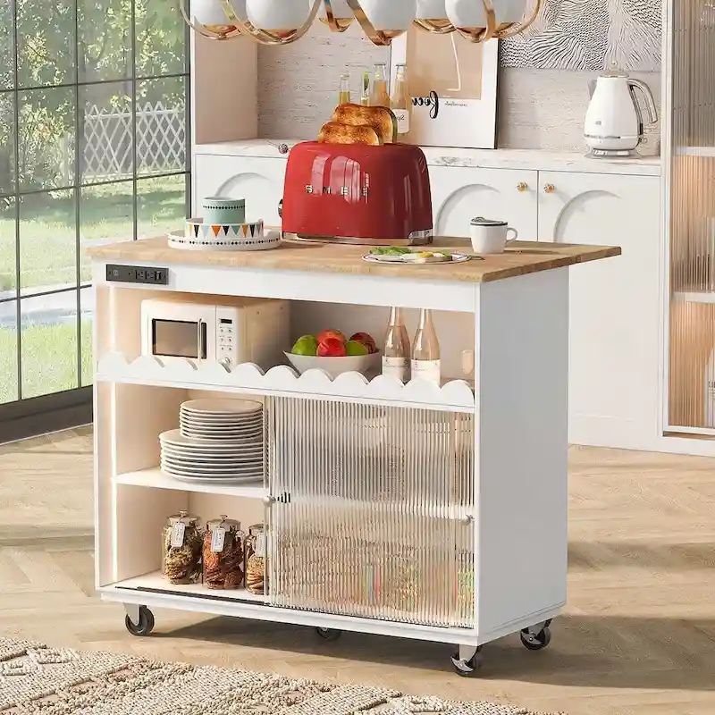 Multi-Functional Kitchen Island Cart with Drop Leaf, LED Light, and Power Outlets