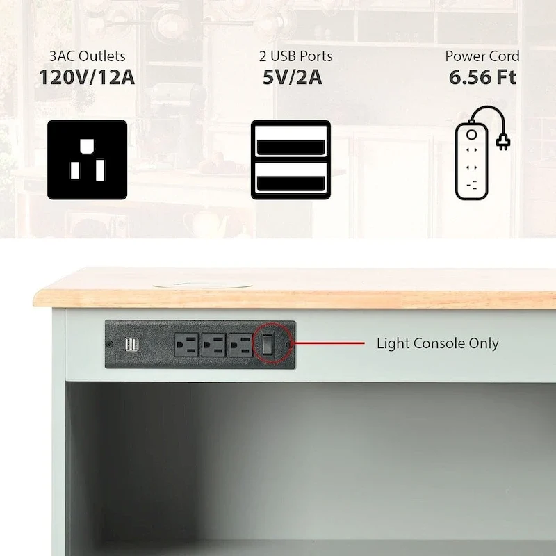 Multi-Functional Kitchen Island Cart with Drop Leaf, LED Light, and Power Outlets