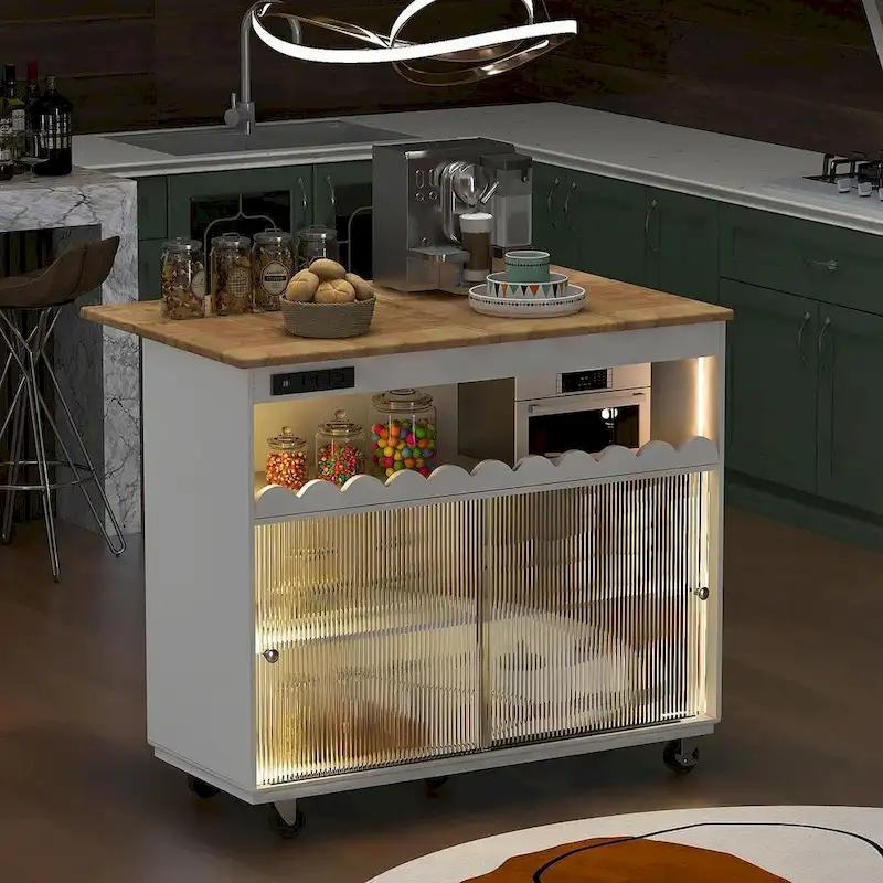 Multi-Functional Kitchen Island Cart with Drop Leaf, LED Light, and Power Outlets