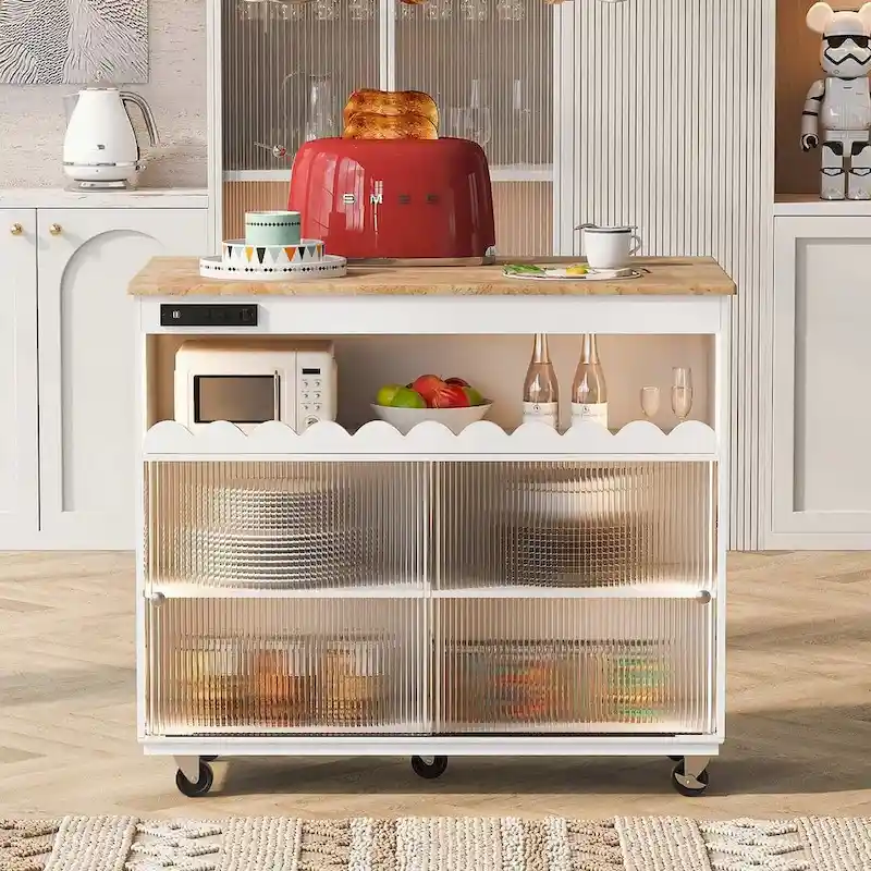 Multi-Functional Kitchen Island Cart with Drop Leaf, LED Light, and Power Outlets