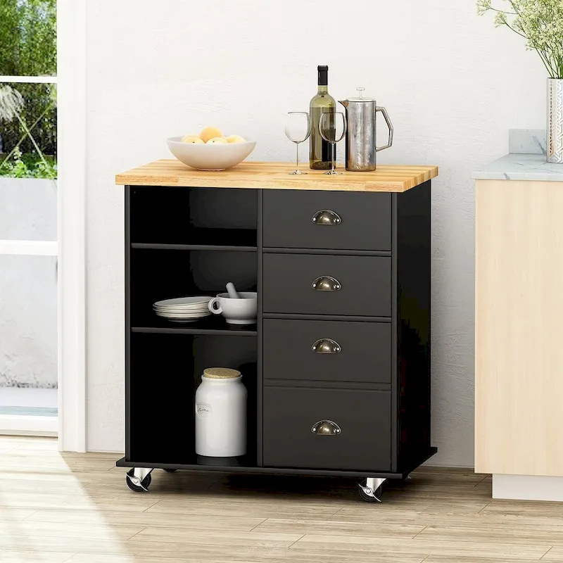Contemporary Wood Kitchen Cart with Wheels Drawers and Cabinet by Christopher Knight Home