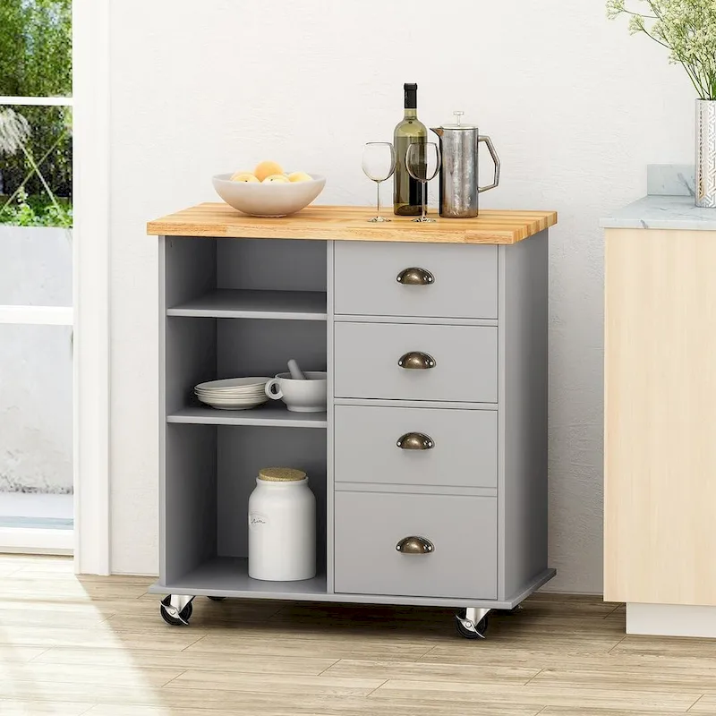 Contemporary Wood Kitchen Cart with Wheels Drawers and Cabinet by Christopher Knight Home