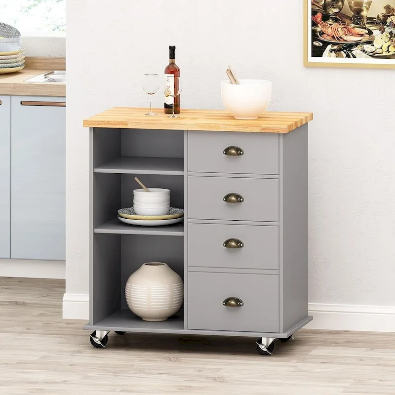 Contemporary Wood Kitchen Cart with Wheels Drawers and Cabinet by Christopher Knight Home