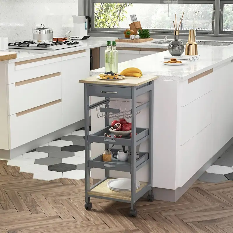 Rolling Kitchen Island Cart with Drawer & Wire Basket