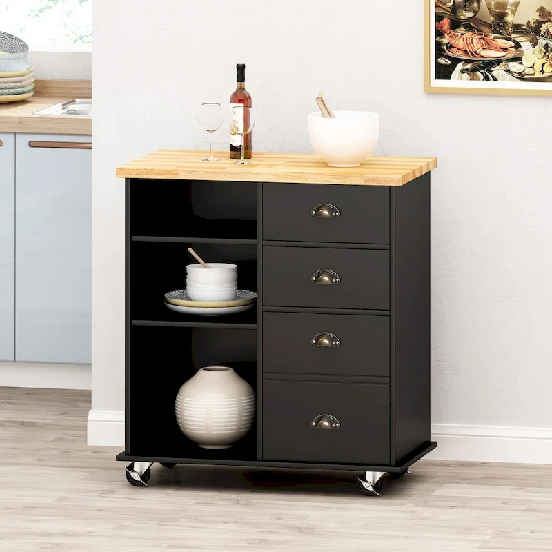 Modern Kitchen Cart with Rubberwood Top, Cabinet Storage, Two Drawers, Three Open Shelves and Lockable Rolling Casters
