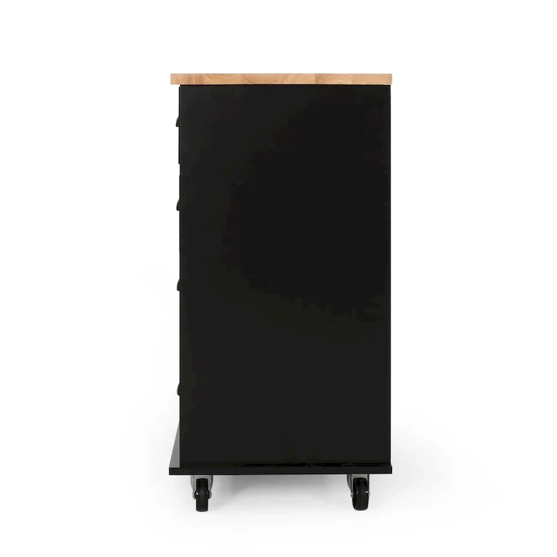Modern Kitchen Cart with Rubberwood Top, Cabinet Storage, Two Drawers, Three Open Shelves and Lockable Rolling Casters