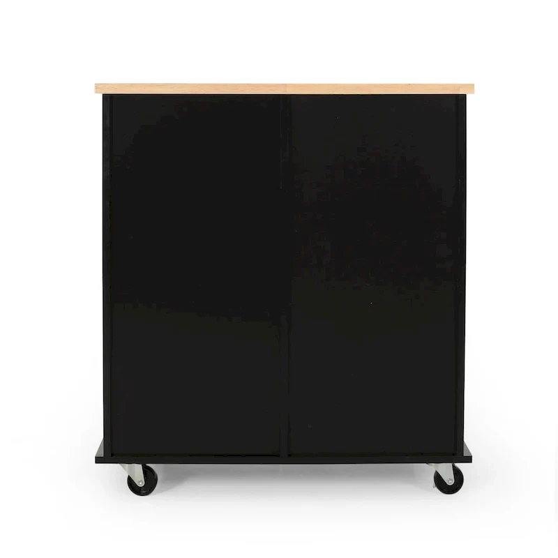 Modern Kitchen Cart with Rubberwood Top, Cabinet Storage, Two Drawers, Three Open Shelves and Lockable Rolling Casters