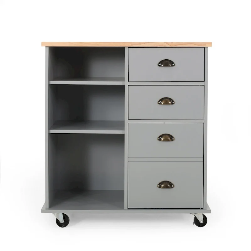 Modern Kitchen Cart with Rubberwood Top, Cabinet Storage, Two Drawers, Three Open Shelves and Lockable Rolling Casters