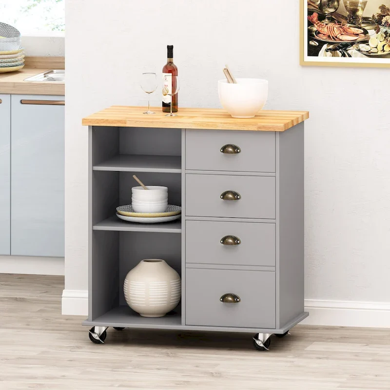 Modern Kitchen Cart with Rubberwood Top, Cabinet Storage, Two Drawers, Three Open Shelves and Lockable Rolling Casters