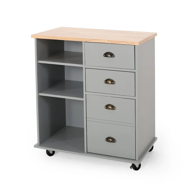 Modern Kitchen Cart with Rubberwood Top, Cabinet Storage, Two Drawers, Three Open Shelves and Lockable Rolling Casters