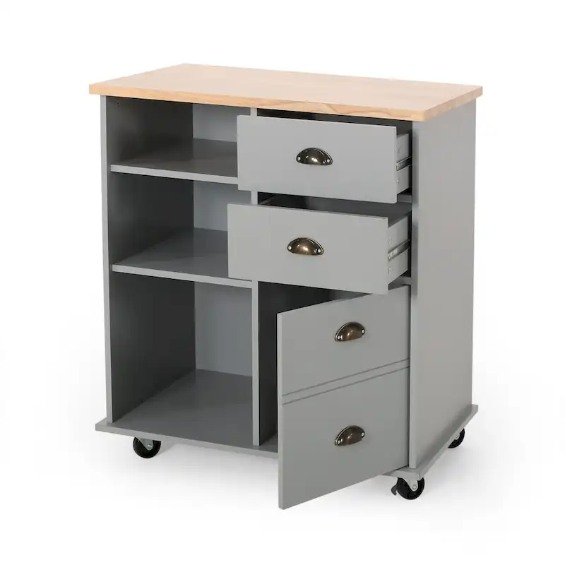 Modern Kitchen Cart with Rubberwood Top, Cabinet Storage, Two Drawers, Three Open Shelves and Lockable Rolling Casters