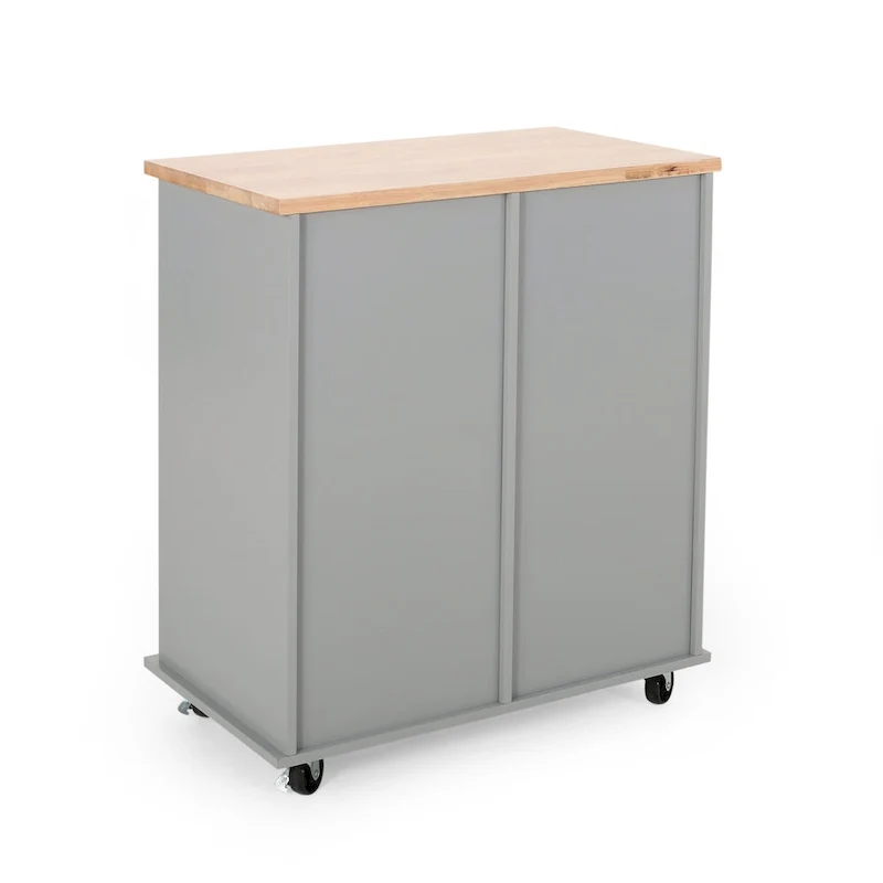 Modern Kitchen Cart with Rubberwood Top, Cabinet Storage, Two Drawers, Three Open Shelves and Lockable Rolling Casters