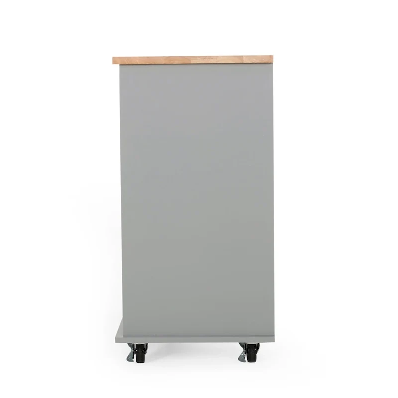 Modern Kitchen Cart with Rubberwood Top, Cabinet Storage, Two Drawers, Three Open Shelves and Lockable Rolling Casters