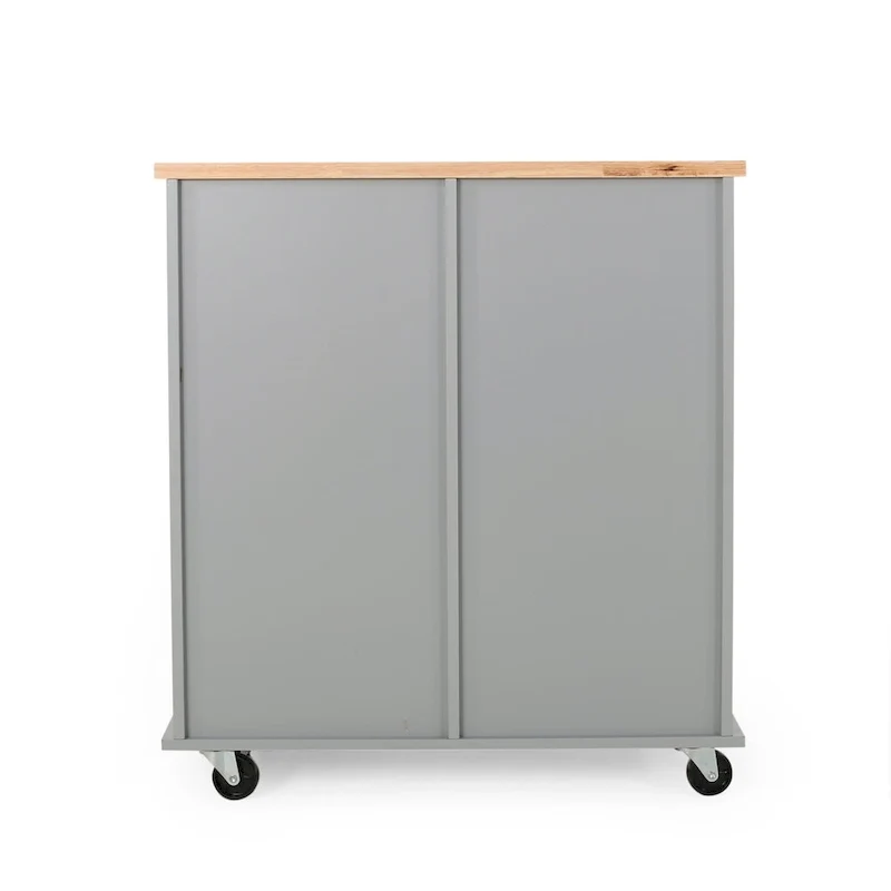 Modern Kitchen Cart with Rubberwood Top, Cabinet Storage, Two Drawers, Three Open Shelves and Lockable Rolling Casters