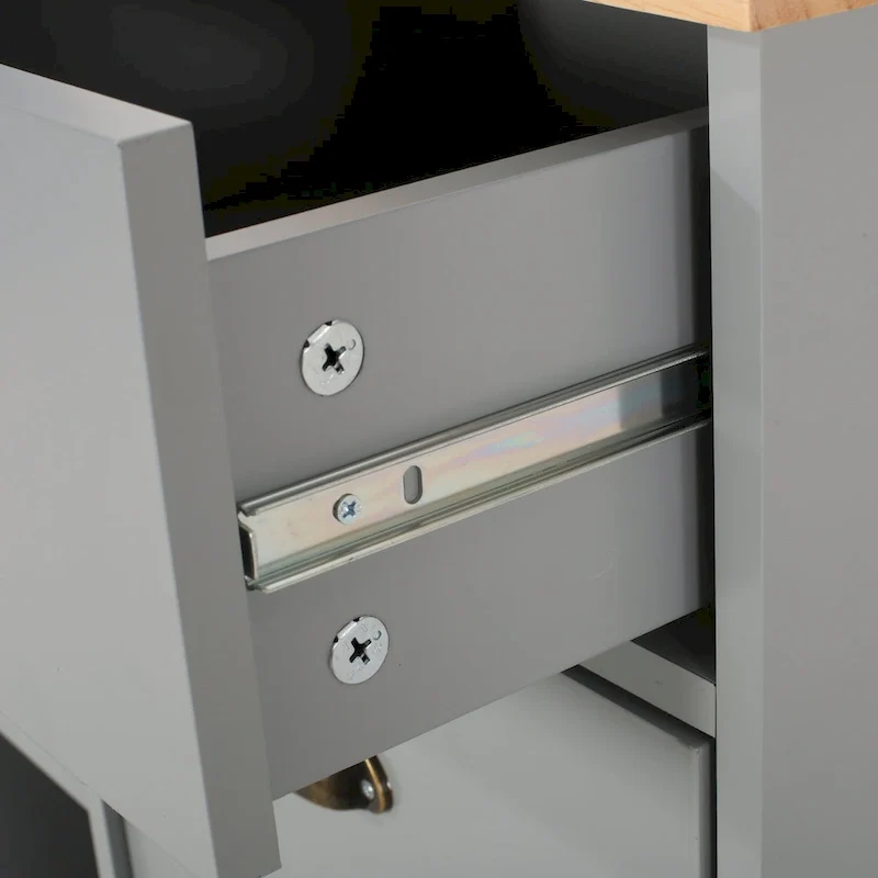Modern Kitchen Cart with Rubberwood Top, Cabinet Storage, Two Drawers, Three Open Shelves and Lockable Rolling Casters