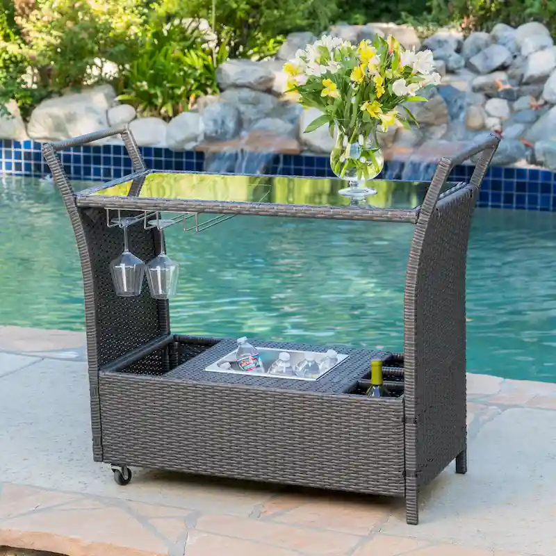 Outdoor Rattan Bar Cart with Removable Ice Bucket, Tempered Glass Top & Wheels, Mobile Beverage Serving Cart with Aluminum Frame