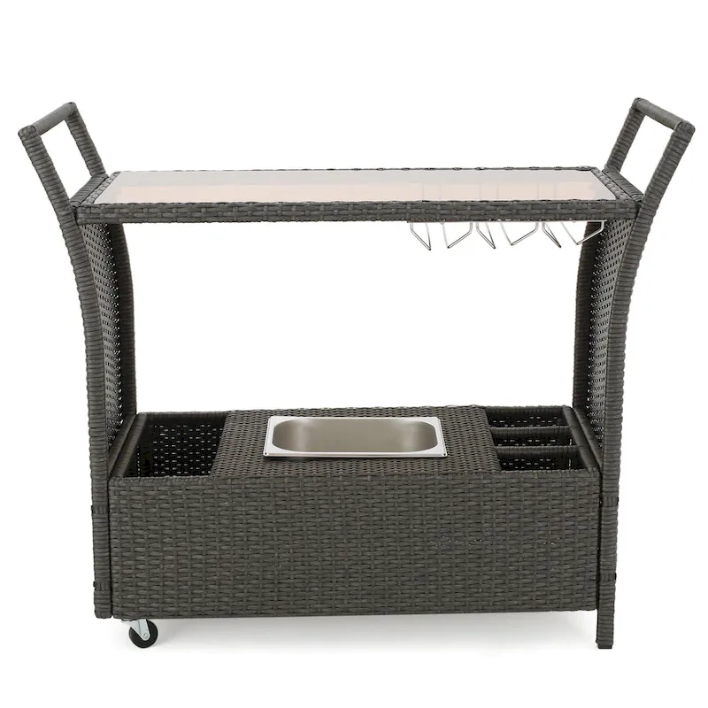 Outdoor Rattan Bar Cart with Removable Ice Bucket, Tempered Glass Top & Wheels, Mobile Beverage Serving Cart with Aluminum Frame