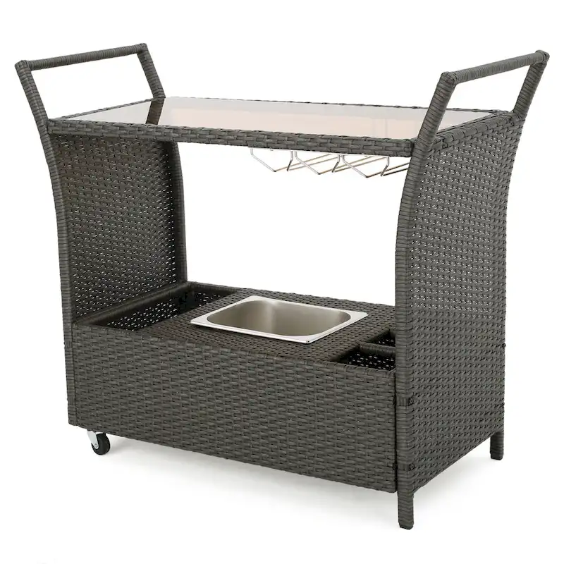 Outdoor Rattan Bar Cart with Removable Ice Bucket, Tempered Glass Top & Wheels, Mobile Beverage Serving Cart with Aluminum Frame