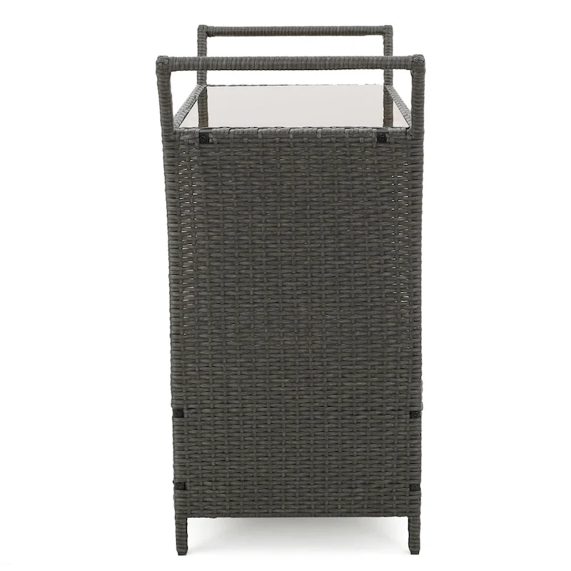 Outdoor Rattan Bar Cart with Removable Ice Bucket, Tempered Glass Top & Wheels, Mobile Beverage Serving Cart with Aluminum Frame