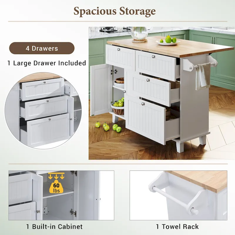 Topmax Farmhouse Kitchen Island Set With Drop Leaf And 2 Seatings