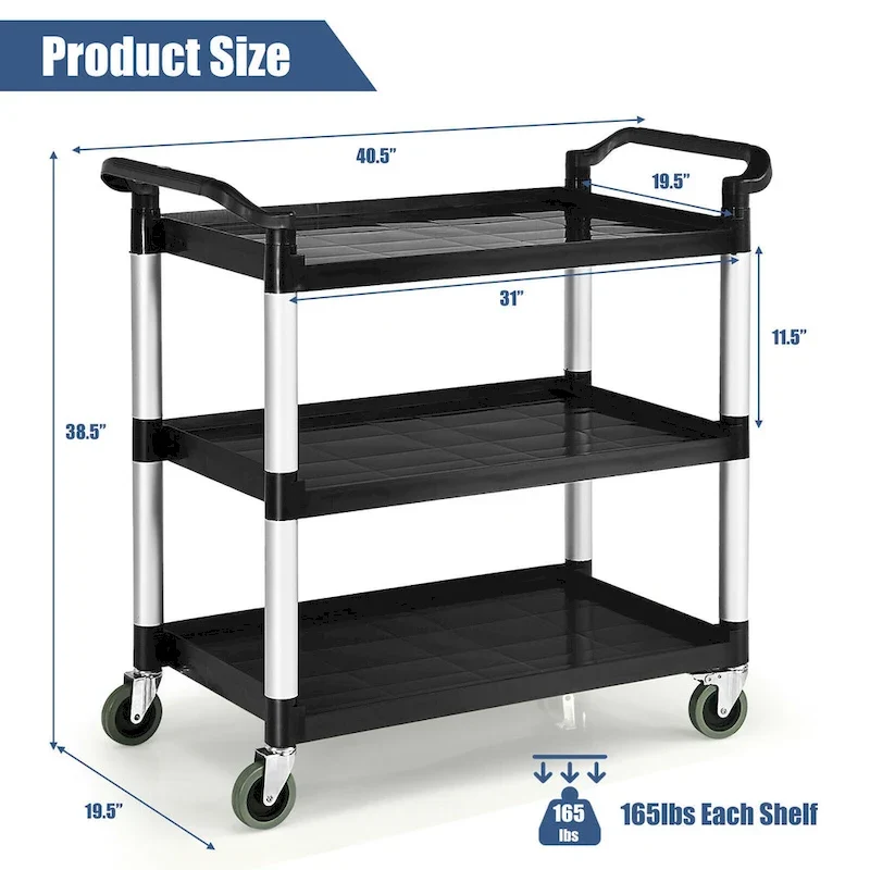 Costway 3-Shelf Utility Service Cart Aluminum Frame 490lbs Capacity w/