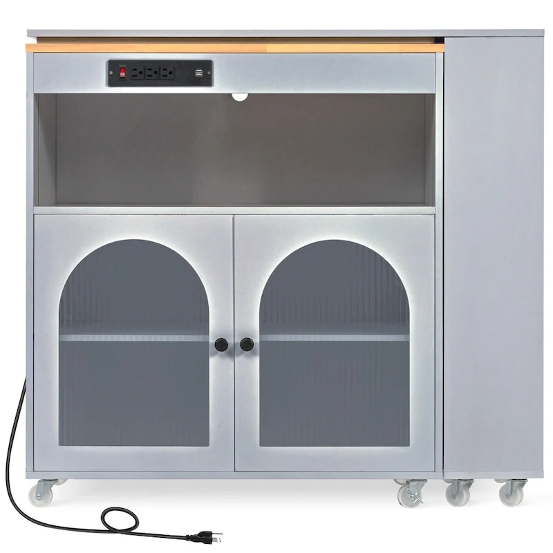 Rolling Kitchen Island with Movable Extended Table on Wheels,LED Lights Power Outlets & Fluted Doors,3 Open Adjustable Shelves