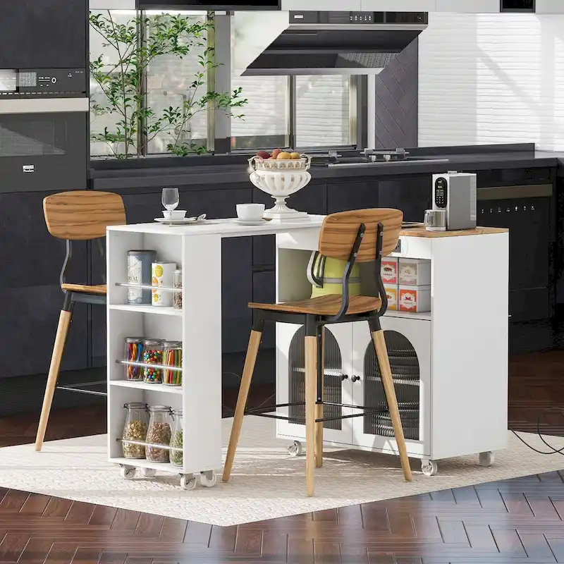 Rolling Kitchen Island with Movable Extended Table on Wheels,LED Lights Power Outlets & Fluted Doors,3 Open Adjustable Shelves