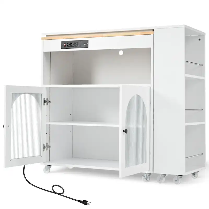 Rolling Kitchen Island with Movable Extended Table on Wheels,LED Lights Power Outlets & Fluted Doors,3 Open Adjustable Shelves