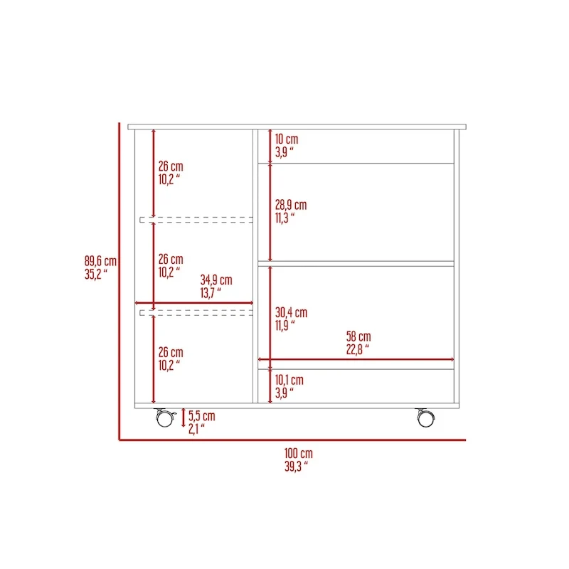 FM Furniture Arizona Kitchen Cart with 2 Storage Shelves, 3 Side Shelves, and 4 Casters