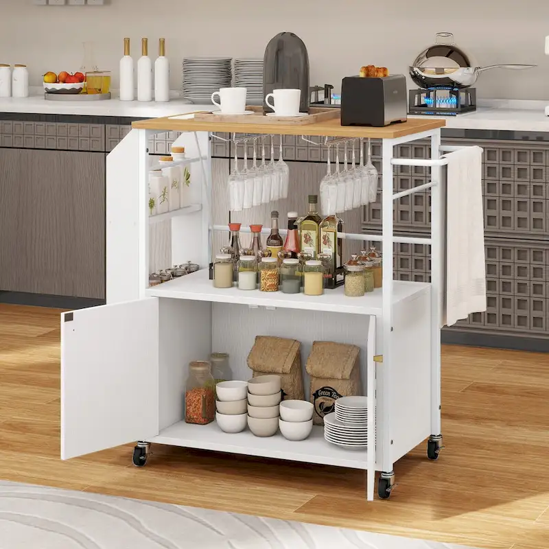 Moasis Rolling Portable Kitchen Island Cart With Power Outlet And Open Shelves