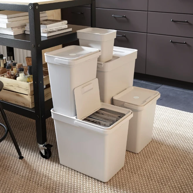 HALLBAR Bin with lid, light grey, 22 L