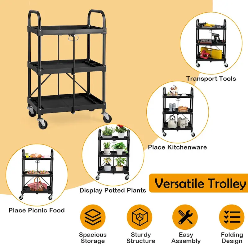 Costway Folding Collapsible Service Cart Heavy-Duty 3-Shelf Tool Cart - 24 x 17 x 38 (L x W x H)