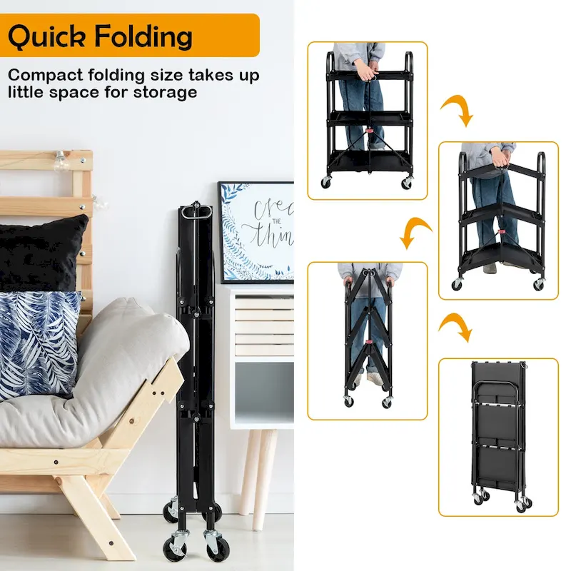Costway Folding Collapsible Service Cart Heavy-Duty 3-Shelf Tool Cart - 24 x 17 x 38 (L x W x H)